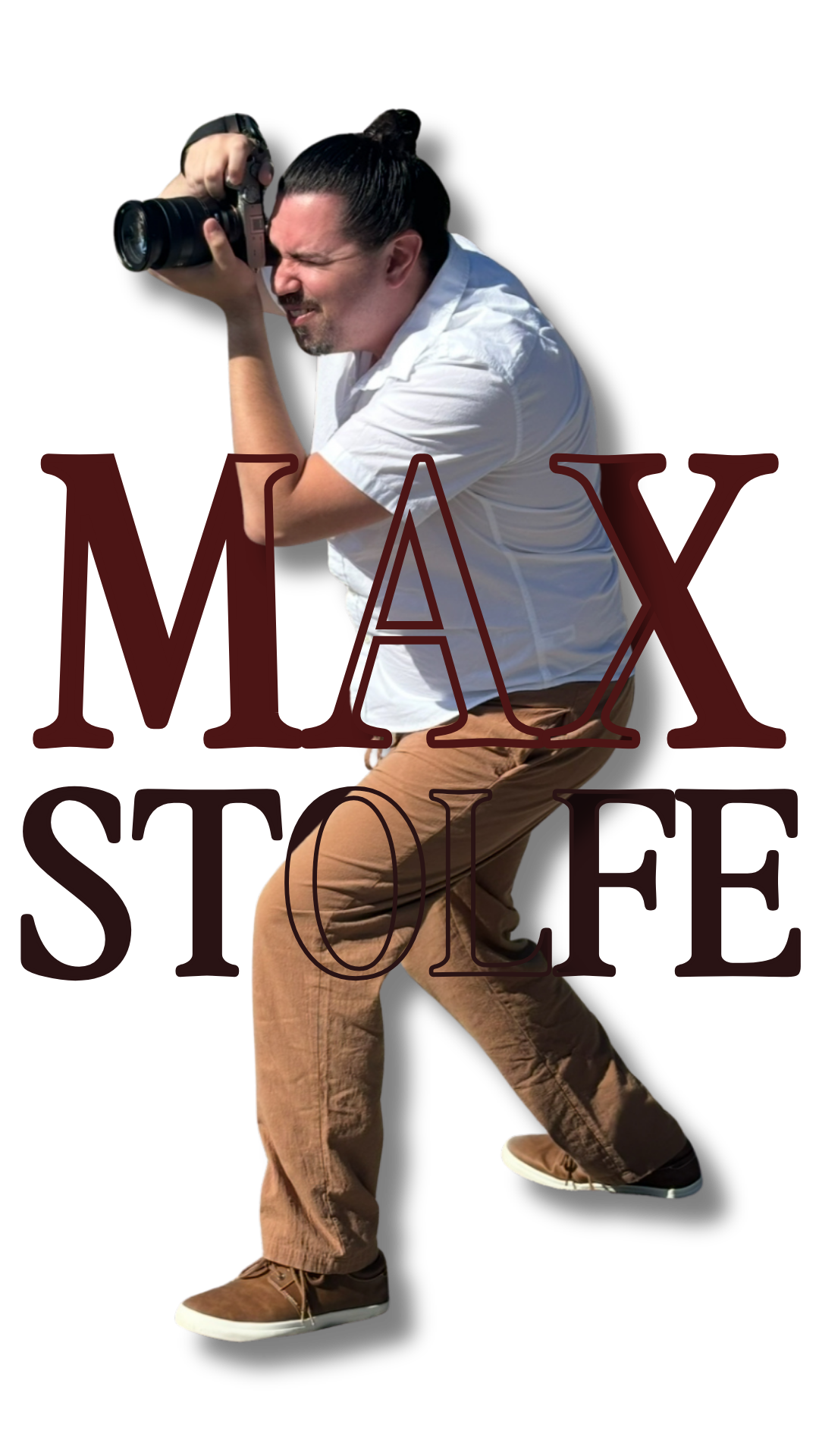 Max Stolfe, founder and principal of Lens with Benefits, crouching and shooting with his camera, overlaid on large dark red block letters spelling "MAX STOLFE" against a black background.