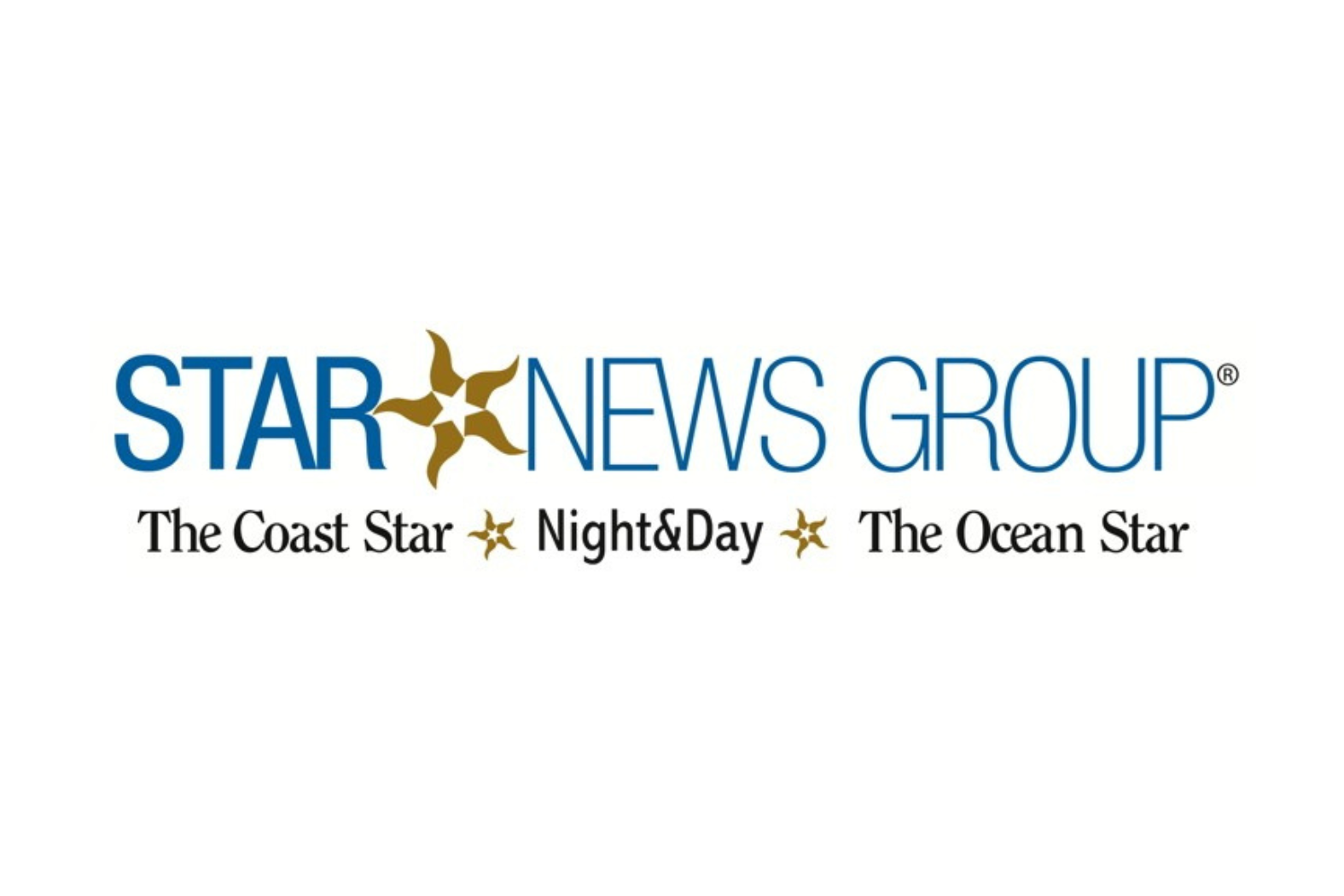 MAX Past Work-Coast Star Logo Star News Group logo in blue sans-serif type with a gold pinwheel star emblem, and the publication names The Coast Star, Night & Day, and The Ocean Star listed below.