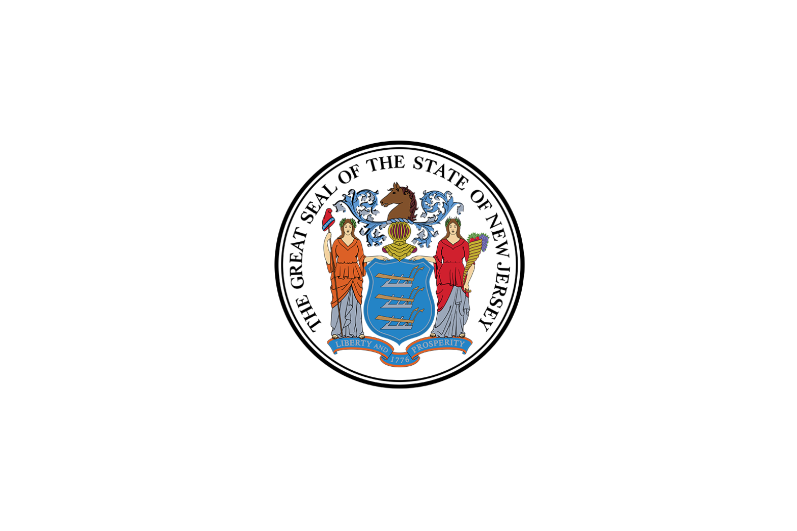 MAX Past Work-NJ Seal The Great Seal of the State of New Jersey, depicting two allegorical figures flanking a blue shield, topped by a horse's head, with the motto "Liberty and Prosperity" and the year 1776.