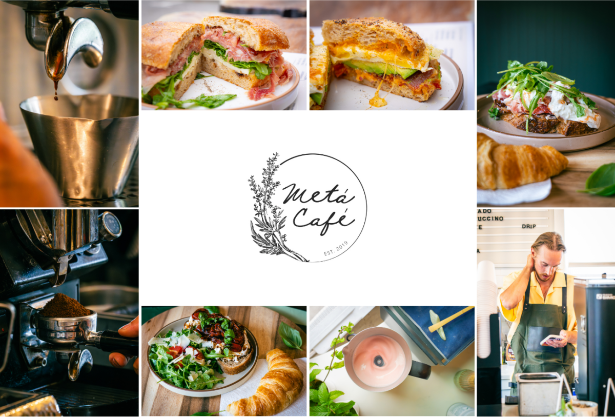 Meta Cafe – Image collage A portfolio showcase graphic for Lens with Benefits displaying commercial food and beverage photography completed for Metá Café in Lambertville, New Jersey. A grid of eight photographs surrounds the café's botanical logo at center. Images include close-up espresso pulls, a portafilter with fresh grounds, a prosciutto and burrata toast, an egg and avocado sandwich, a roasted tomato open-faced dish, an arugula and herb salad toast with croissant, a flat lay of café props with fresh mint, and a candid portrait of a barista at work. Warm, editorial food photography with consistent natural lighting throughout.