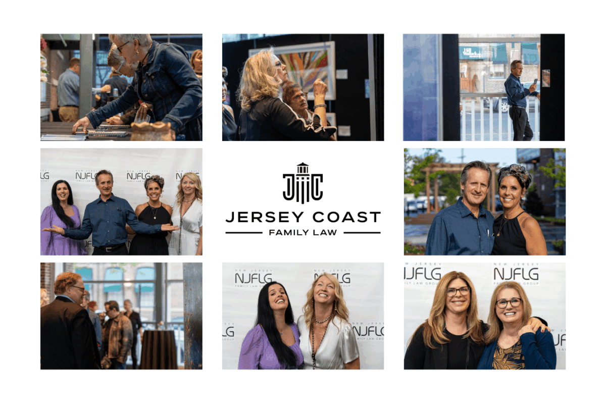 JCFL Art Gala Event photography portfolio graphic for Lens with Benefits featuring work completed for Jersey Coast Family Law Group in Red Bank, New Jersey. A collage of eight photographs surrounds the firm's logo at center. Images include candid guests browsing artwork at an indoor gallery, a woman studying a colorful painting, a man photographing artwork through a window, group portraits in front of an NJFLG step-and-repeat banner, and couples and friends laughing and connecting at the reception. Editorial event photography in Monmouth County, New Jersey.