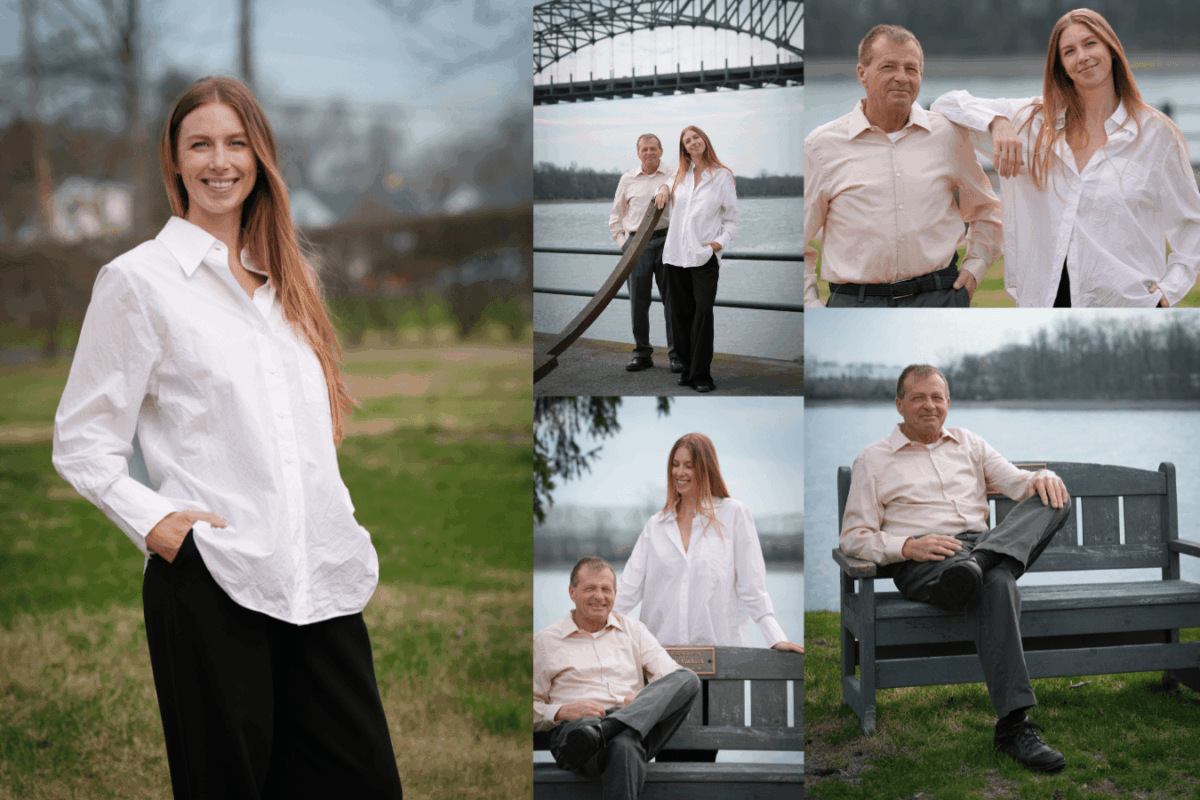 Cannon Headshots Business headshot photography collage by Lens with Benefits featuring a father-daughter duo photographed in Bristol, Pennsylvania. Five images include a solo portrait of a young woman in a white button-down shirt on a grassy lawn, two standing portraits of the pair along a waterfront railing with the Tacony-Palmyra Bridge in the background, a candid moment of the daughter standing over her father seated on a park bench, and a solo portrait of the father relaxed on the bench. Natural light outdoor portrait photography in Bucks County, Pennsylvania.