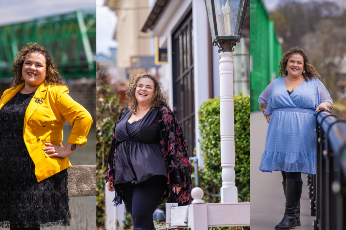 Courtney’s headshots Outdoor lifestyle headshot photography collage by Lens with Benefits featuring Courtney, Guest Service Excellence Award winner from Visit Bucks County Travel and Tourism Week. Three portraits captured across different locations in New Hope, Pennsylvania. Left image shows Courtney in a yellow blazer and black fringe dress leaning against a bridge railing. Center image shows her mid-laugh in a black floral kimono beside a white lamppost. Right image shows her in a periwinkle blue dress leaning on a railing with green foliage in the background. Natural light portrait photography in Bucks County.