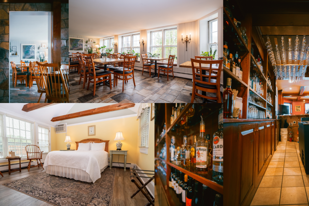 1740 House Commercial hospitality photography collage by Lens with Benefits for 1740 House boutique inn in Lumberville, Pennsylvania. Five images include a dining room viewed through a stone doorway with Windsor chairs and slate tile floors, a sun-filled breakfast room with large windows and potted plants, a close-up of spirits on backlit wooden bar shelves including Captain Morgan and Bacardi rum, a full bar interior with suspended glassware and warm amber lighting, and a warmly lit guest room with exposed wood beam ceiling, yellow walls, white bedding, and Windsor rocking chair. Country inn and hospitality photography in Bucks County.