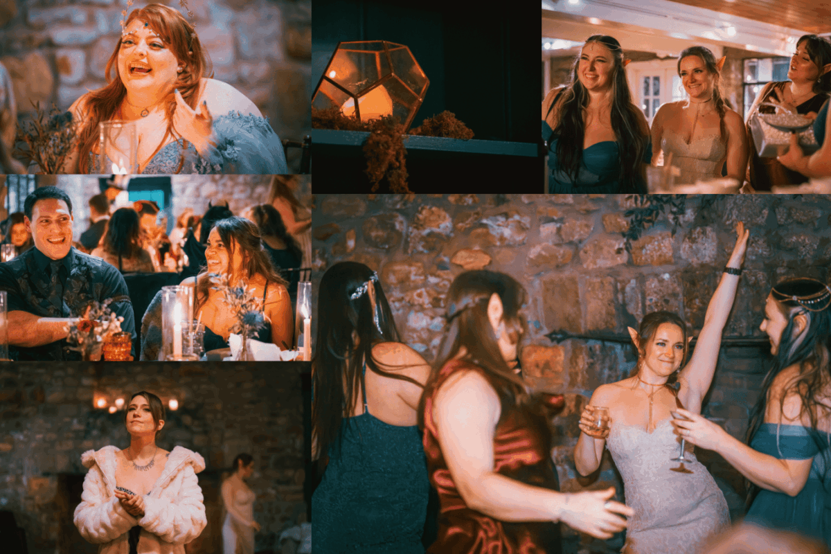 Hollyhedge book gala Event photography collage by Lens with Benefits from the 2024 Book Ball hosted at HollyHedge Estate in New Hope, Pennsylvania. Six images capture the evening's enchanted atmosphere including a laughing woman in a floral crown and blue lace gown, a geometric gold candlelit terrarium centerpiece, three guests in formal fantasy-inspired attire conversing at the bar, a couple smiling over candlelit dinner tables, a woman in a white fur stole looking upward in a stone-walled room, and guests dancing and celebrating against an exposed stone fireplace wall. Candid editorial event photography in Bucks County.